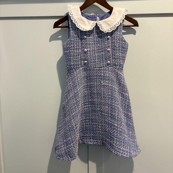 Janie and Jack Dress Girls 8 Blue Boucle Tweed Peter Pan Collar Sleeveless Lined - Picture 1 of 12